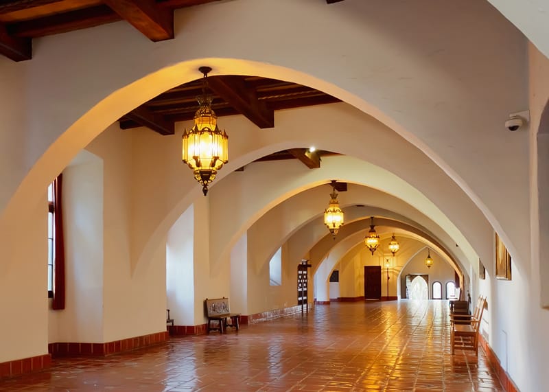 Santa Barbara Courthouse Hallway with arched ceilings and antique lighting